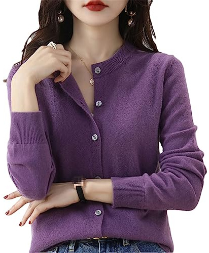 Bollrllr Women's Cashmere Cardigan Round Neck Sweater Spring Autumn Winter Long Sleeve Knitted Solid Color Soft Cardigan Sweater Lilac Purple M