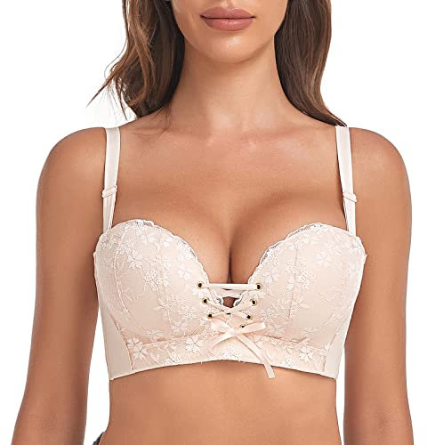 FallSweet Add Two Cups Lace Push Up Bra Ultra Padded Wireless Support Brassiere (Beige, 38D)
