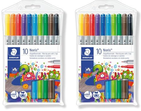 Staedtler 320 NWP10 Doppelfasermaler Noris Club (stabile, eindrucksichere Spitze, auswaschbar, Strichbreite 1-3 mm, Etui mit 10 farblich sortierten Doppelfasermalern) Mehrfarbig (Packung mit 2)