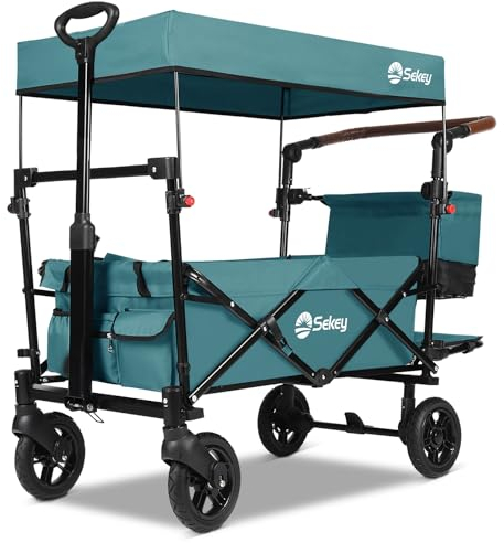 Sekey Bollerwagen Faltbar mit Dach 2 Kinder 150KG, Faltbarer Bollerwagen Handwagen Schiebegriff, Kinderwagen Stoßfest PU Räder mit Bremsen 110L, SS5050, Dunkelgrün