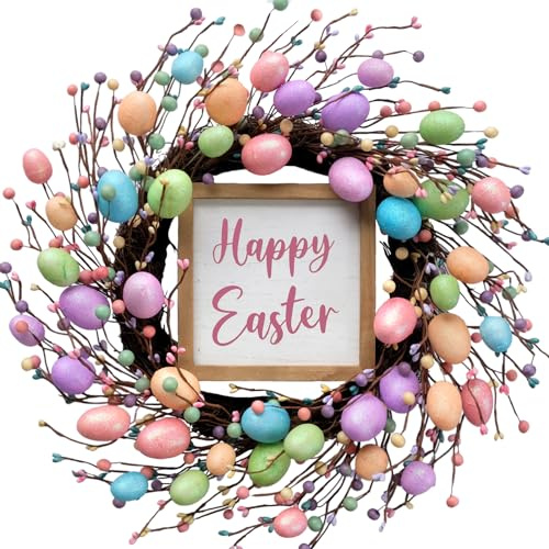 Bibelot Easter Wreath for Front Door, 18 inch Eggs Wreath with Happy Easter Sign, Spring Wreath for Front Door Wall Window Easter Decor