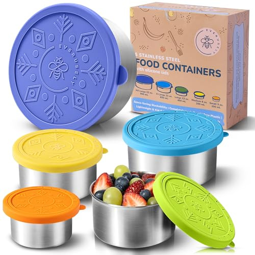 Everusely - Porta pranzo in acciaio inox con coperchi ermetici - Set da 5, collezione Summer - Porta pranzo ermetico - Contenitori per alimenti impilabili