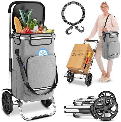 ELONEO Einkaufstrolley klappbar, Einkaufswagen mit Kühlfach, 3in1 Trolley, Sackkarre & Umhängetasche, Einkaufsrollwagen, Shopping Trolley 43L Kapazität & Spanngurt, Hackenporsche, Silbergrau