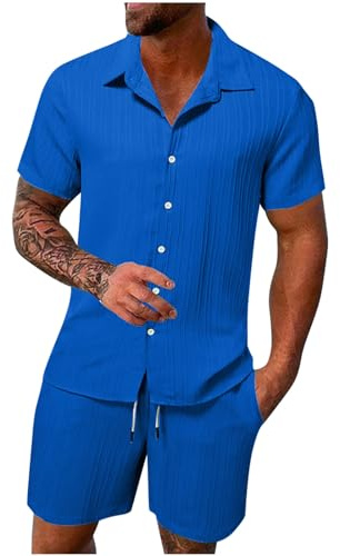 HAOLEI Mens Cotton Linen Shorts and Shirt Sets UK Clearance Tracksuit Set Summer Co Ord Sets Short Sleeve Button Down Shirts & Shorts with Pockets 2 Piece Outfits Vacation Beach Wedding Suits