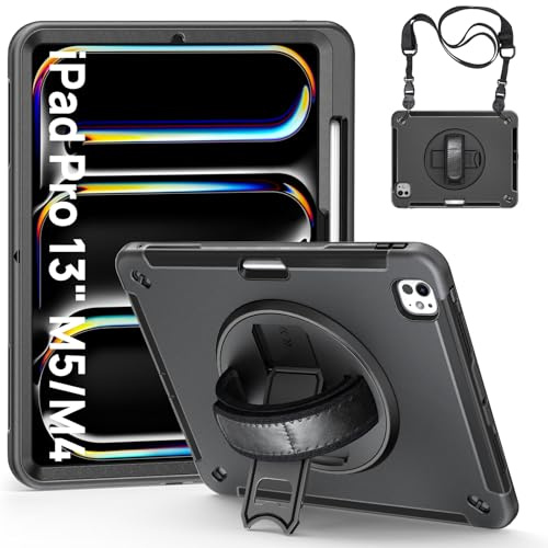 Gerutek Cover per iPad Pro 13 Pollici M5/M4 (2025/2024), Custodia Protettiva Antiurto Robusta con Supporto Rotante 360/Cinghia a Mano/Spalla per iPad Pro 13 M5, Nero