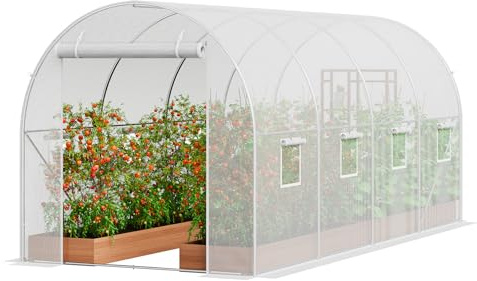 VEVOR Foliengewächshaus, 445 x 194 x 192 cm, Tomatengewächshaus, Treibhaus mit verzinktem Stahlrahmen, weißer PE-Abdeckung, aufrollbarer Reißverschlusstür und 8 Fenstern für den Außenbereich