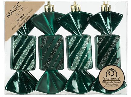 Inge-glas Christbaumschmuck Bonbons 10,5cm Kunststoff 4er Set - bruchsicher & mit Glitzer - Christbaumkugeln für Weihnachtsbaum - Weihnachtsbaumkugeln & Weihnachtsbaumschmuck Dunkelgrün - Noble Green