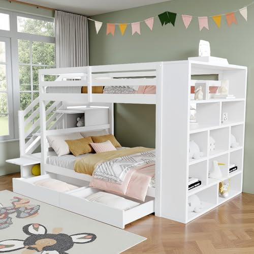 Sapgaks Lit superposé Enfant avec tiroirs et Grands casiers,Lit Enfant 90x200 cm avec échelle de Rangement,lit cabane Enfants avec clôture Haute,avec sommier à Lattes (C-Blanc)