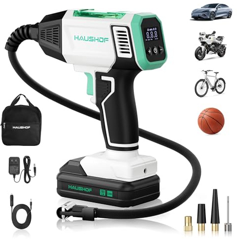 HAUSHOF Car Tyre Inflator, Dual Power 12 V DC and 20 V Rechargeable Battery Air Compressor, Portable 150 PSI Handheld Tyre Pump with LED Light and 4 Nozzles for Car, Motorbike, Bike, Balls