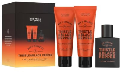 Scottish Fine Soaps Men's Grooming Thistle & Black Pepper Well Groomed Gift Set – Features Eau de Toilette, Aftershave Balm and Hair Wash