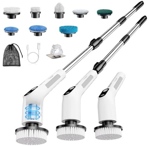 Cusopeh Elektrische Reinigungsbürste mit 8 Wechselbürsten, Elektrische Fugenbürste,Putzbürste Elektrisch mit Verstellbarem Griff, WischmoppSet für Bad/Küche/Fliesen/Auto,IPX6,Kabellos, Weiß