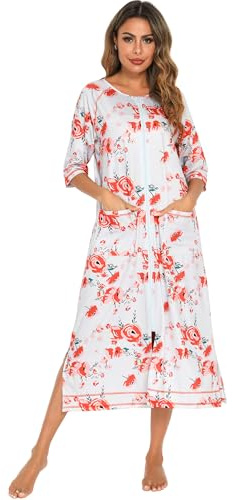 Citridarll Zipper Robes for Women Long Bathrobes Lightweight Full Length Housecoat with Pockets 3/4 Sleeve Nightgown