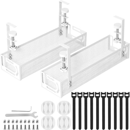 Tivddikun Cable Management, 2 Pack Under Desk Cable Management Tray No Drill, Metal Mesh Wire Organiser with Clamp for Standing Desk, Cable Organiser for Home Office, White