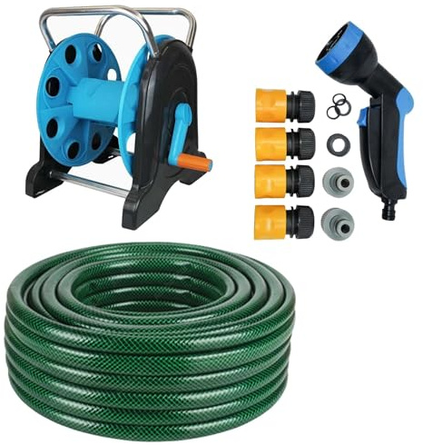 Dapetz ® 50M Garden Hose Pipe, Hose Reel Cart & Connectors Set Assembled: Reinforced Outdoor HOSEPIPE (1/2 inch) Diameter, Hose Reel Cart Sturdy Frame for General Use, Fittings Included