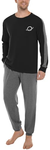 Crewhpo Pijama Hombre Invierno Algodón Conjunto de Pijamas Manga Larga Ropa de Dormir 2 Piezas con Largo Camiseta y Pantalones