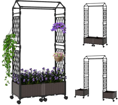 GOPLUS Arco de Jardín con 2 Cajas de Plantas, Enrejado de Arco para Exterior con 2 Jardineras, Ruedas Bloqueables, Techo Colgante y Orificios de Drenaje, Maceta Decorativa Móvil para Bodas (Marrón)