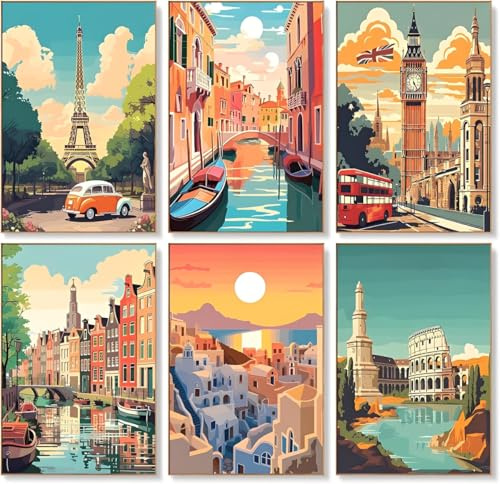 QuidToyzian Pintar por Numeros Adultos,6 Piezas de Paisaje DIY Pintura por Números,con Pinceles y Pinturas Acrílicas,para Del Hogar Decoración Sin Marco 20x30cm