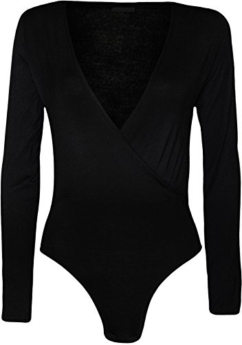 GirlzWalk ® Ladies Women Plain Wrap Over Plunge Long Sleeve Leotard Bodysuit Top Black