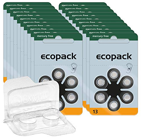 120 x ecopack hörapparatbatterier 13 (orange), 20 x 6 blister PR48 1,4 V förvaringslåda för 2 hörapparatbatterier (alla storlekar), transparent batterilåda för två knappceller upp till 12 mm x 6 mm (Ø