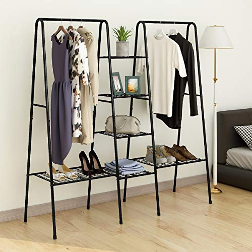 JURMERRY Stand Appendiabiti da Terra Multifunzionale con 4 Mensole Attaccapanni Scarpiera Versatile Scaffale Portaoggetti,Nero