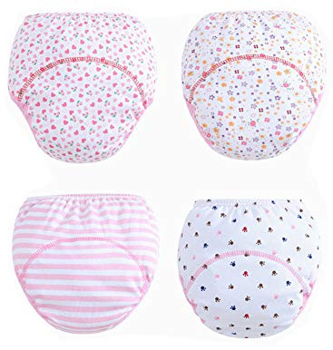 Morbuy 4 Packs Potty Training Pants Reusable, Toddler Kids Soft Cotton Washable Anti Leakage Underwear Nappy Underpants for Unisex Babys (100,Pink Flower)