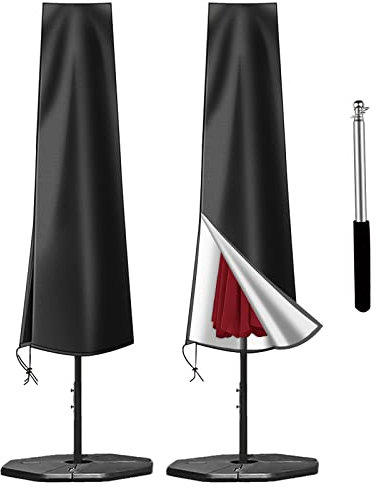 OKPOW Parasol Cover Waterproof for Garden: Heavy Duty 600D, Fit 2m to 3m Outdoor Umbrella Protector, UV & Windproof with Long Zip & Telescopic Pole, Easy Use, Tear & Fade Resistant