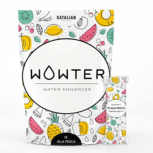 WOWTER by AMZ BETTER, Insaporitore d'Acqua, 24 Bustine di Polvere Solubile al Gusto Tè alla Pesca per Aromatizzare l'Acqua, Senza Calorie, Senza OGM, Senza Glutine, Senza Zuccheri, Made in Italy, 96 g
