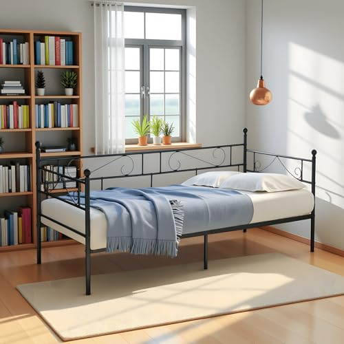 FetiNes Divano letto in metallo Divano letto per camera da letto salone quarto di invitati, adatto per materasso da 90 x 200 cm, nero