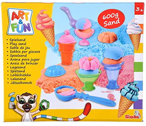 Art and Fun Spielsand Set Eiscreme, 3X 200g Sand, Plattform, 4X Becher, 1x Form, 1x Löffel, 1x Portionierer, Roller, Messer, ab 3 Jahre
