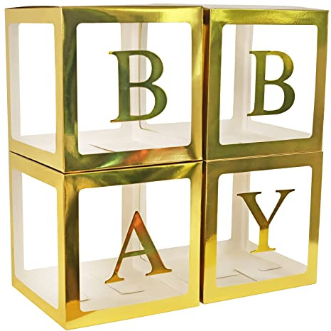 YALLOVE Cajas de decoración de ducha para niños y niñas, 4 unidades de oro transparente globos cajas de bebé letras decorativas, GOLD4BOXES+BABY