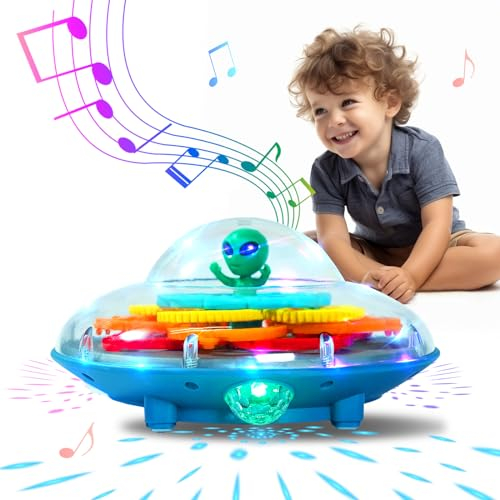 SWTOIPIG Jouet à Engrenages Transparent, Soucoupe Volante, Jouet Musical Lumineux, Jouet électrique Rotatif à 360 °, engrenage mécanique, Jouet de Marche pour Enfants, Jouet de Dessin animé éducatif