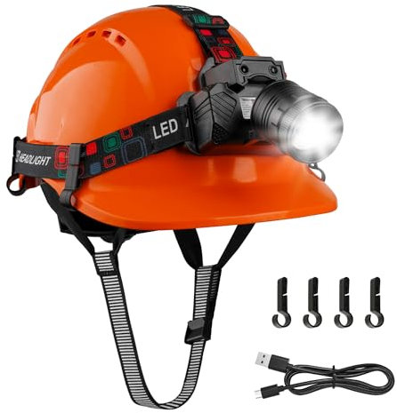 Mustbau Casque de Sécurité EN397, Casque avec LED Lampe Frontale avec Détecteur de Geste, 10W Lampe Super Lumineuse Convient pour Chantiers, Travail de Nuit, Pêche (Orange)
