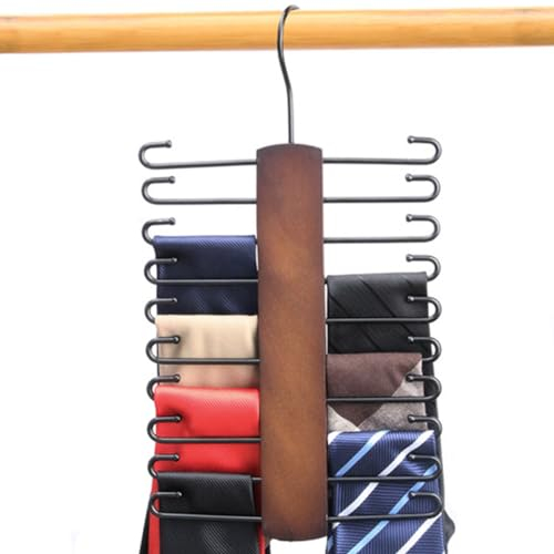 LMSAWK Wooden Tie Rack, Tie Belt Hanger for Men Closet, Non-Slip Tie Organizer with 20 Storage Capacity, 360 Degree Swivel Space Saving Tie Holder, 1 Pack, Walnut Colour