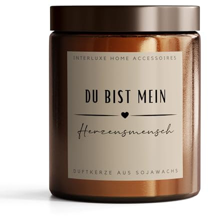 Interluxe Duftkerze im Apothekerglas - Du bist mein Herzensmensch - Kerze aus Sojawachs mit Spruch 'Cashmere Seide'