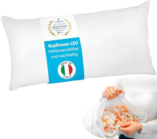 Kopfkissen 40x80 vom Innovationspreisträger, Höhenverstellbares Kissen aus recycelten Memory Foam Flocken, Ergonomisches Nackenstützkissen LEO, Pillow für Seitenschläfer, Rückenschläfer, Allergiker
