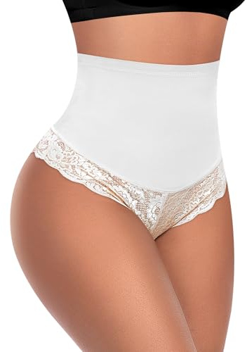 Tummy Control Thong Shapewear for Women High Waisted Body Shaper Panties Lace Shaping Thong Girdle, 01# Mid Waisted White, XXL