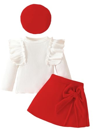 LUVCES Completi Vestito Bambina Autunno Inverno Set Top Maniche Lunghe con Volant a Maglia + Elegante Papillon Minigonna + Berretto 3Pcs Gonna Vestiti Set Rosso 18-24 Mesi
