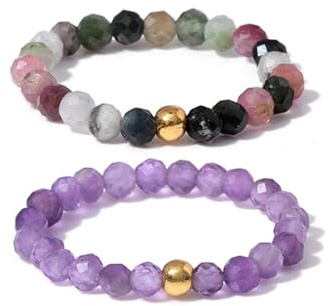 GoPaw Elastisk natursten ring, 2 st. elastisk pärlring, elastisk pärlring, stapelbar ädelsten pärlring för damer flickor, konstgjord kristall, Ingen ädelsten