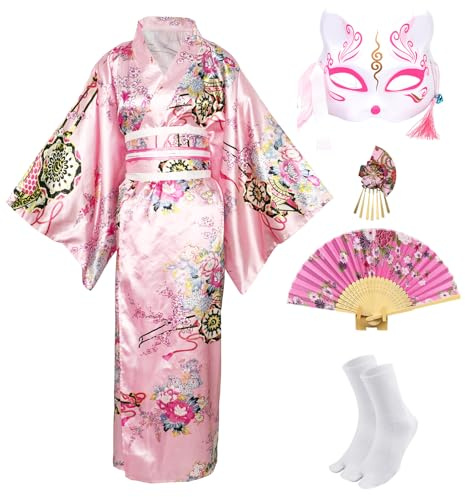 CRFASIBE 5 Piezas Kimono Mujer, Kimono con Estampado Floral, Japonesa Geisha Yukata Disfraz con Accesorios, Conjunto de Disfraces para Cosplay Carnevale（Rosa）