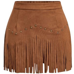 GORGLITTER Women's Vintage Fringe Mini Skirt Cowgirl Cowboy Outfits High Waisted A Line Faux Suede Party Festival Outfit Skirts Brown M
