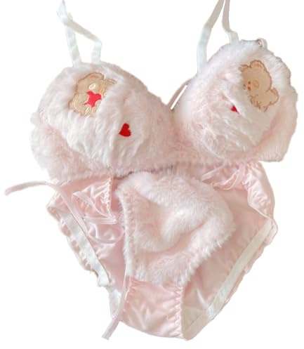 ROYJJ Lot de 2 soutiens-gorge en peluche et culotte à nouer sur le côté pour femme - Imprimé ours de dessin animé - Sous-vêtements en fourrure sans fil - Pour cosplay - Lingerie en laine - Petit