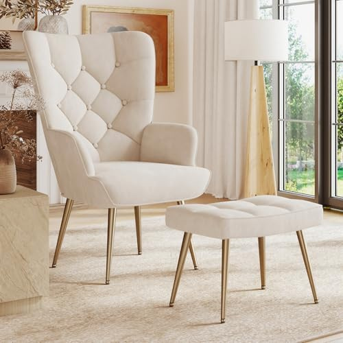 Aivermeil Armchair Tub Chair,with Footstool,High back with gold legs Comfy,Velvet Chair, for Bedrooms, Living rooms,Relaxation,150kg Load Capacity Cream
