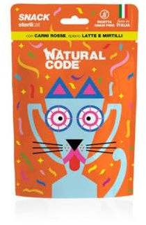 Natural Code Snack Gato, snack para gatos esterilizados de todos los tamaños rellenos con carnes rojas, leche y arándanos | 3 paquetes de 60 gramos cada uno.