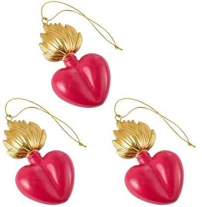 Baroni Home Set 3 Pendenti Sacro Cuore con Fiamma Ex Voto in Resina, Ciondolo Cuore Decorativo Oro e Rosso, Addobbo Natalizio, Decorazione Albero di Natale, Idea Regalo Originale 5x9x1 cm