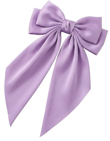 Stor hårrosett lila för kvinnor flickor, satin hårklämma med långa band, franska hårspännen clips, silkeslen rosett hårsmycke för bröllop fest vardag, eleganta tillbehör