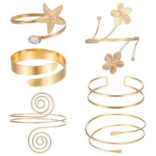 6PCS Gold Arm Cuffs- Boho Statement Arm Bracelet for Women Adjustable