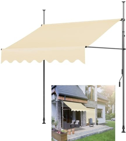 Infällbar uteplatsmarkis 250 x 120 cm – manuell baldakin med kran, ingen borrinstallation, perfekt för trädgård, balkong, terrass och innergård (beige)