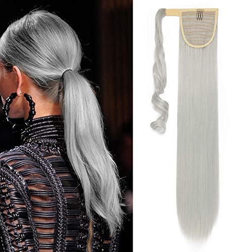 Silk-co 26 Wrap Around Pony Tail Hair Extension Straight Clip in/on Ponytail Synthetic Hairpiece for Women(Silver Grey)