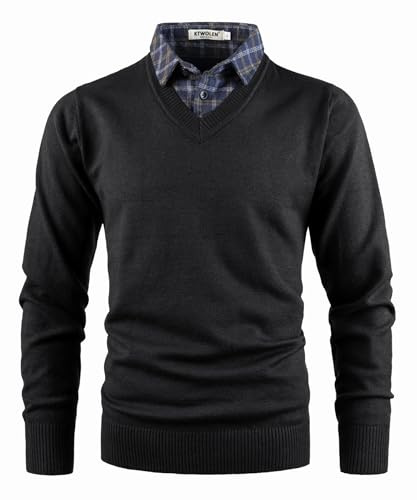 KTWOLEN Mens Jumper with Mock Shirt Collar Classic Casual Sweaters Pullover V-Neck Long Sleeve Knitwear Winter Warm Knitted Jumper Tops, Black, XL