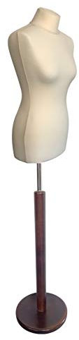 fella4stores Maniquí básico para mujer, busto de sastre de espuma de poliuretano, XL (44/46) con revestimiento blanco crema y pie redondo de madera marrón caoba, altura ajustable, ideal para